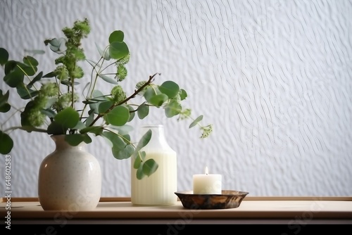 Beautiful burning candles with green leaves in vase on white table. generative ai.