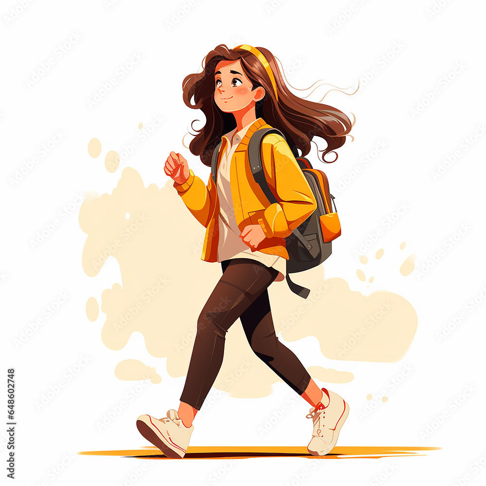 A female student around 12 years old walking with a backpack. Cheerfully smile. Flat simple clipart illustration. A female student around 12 years old walking with a backpack. Cheerfully smile. Flat simple clipart illustration.