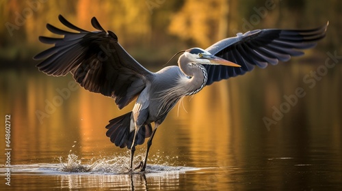 the Grey Heron spreads its wings and gracefully flies through the air