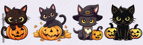 Cute Halloween Cats Wearing Witch Costume for Graphic Designer Set-Bundle Kawaii Kittens
