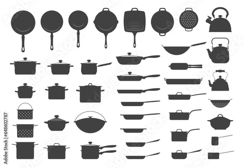 Kitchenware set. Silhouettes of pans pots and other on white. Vector illustration