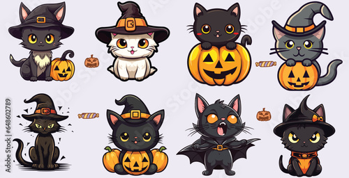 Cute Halloween Cats Wearing Witch Costume for Graphic Designer Set-Bundle Kawaii Kittens