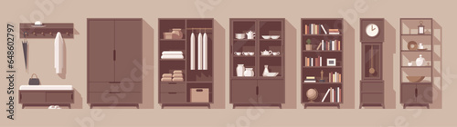 Furniture set. Interior furniture. Flat furniture. Wardrobe bookcase cupboard and other. Vector illustration