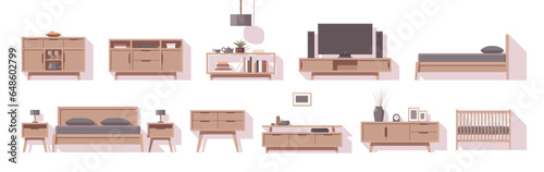 Furniture set. Interior furniture. Flat furniture. Cabinets beds and other. Vector illustration