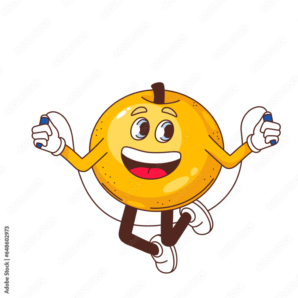 Groovy apple character vector illustration. Cartoon isolated yellow