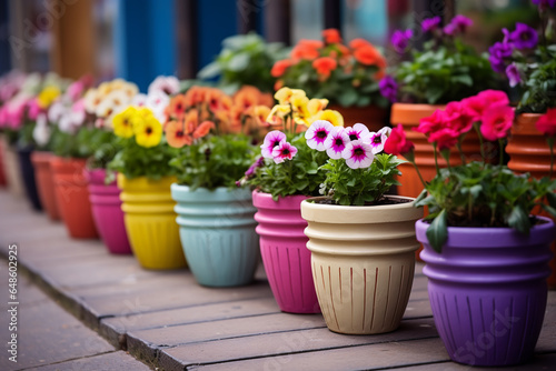 colorful flower pots with flowers in shop. ai generative