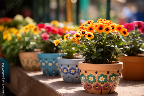 colorful flower pots with flowers in shop. ai generative