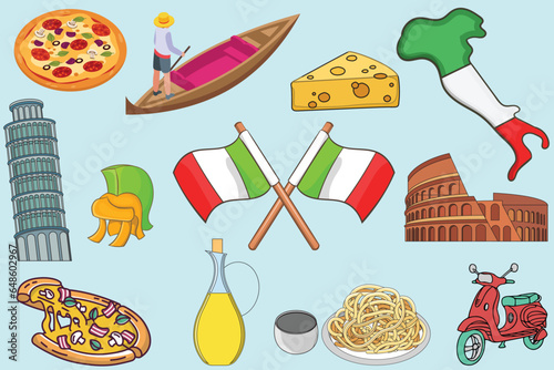 Italy Background with Italian Flag and Map for Italy National Day Set of All Elements, for Travel Lovers with Pizza and Pasta and Rome Landmarks