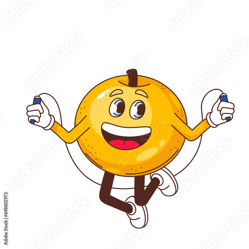 Groovy apple character vector illustration. Cartoon isolated yellow fruit jumping rope with happy expression, Y2K food emoji with smile on cute funny face, legs and arms, fun jump of apple emoticon