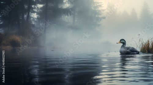 The lake is srounded in fog, and Mallard duck can be seen swimming photo