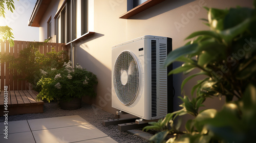 Air source heat pump installed in residential building. ai generative