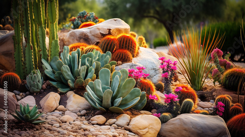 Xeriscaping is the process of landscaping, or gardening, that reduces or eliminates the need for irrigation. xeriscape landscapes need little or no water. ai generative
