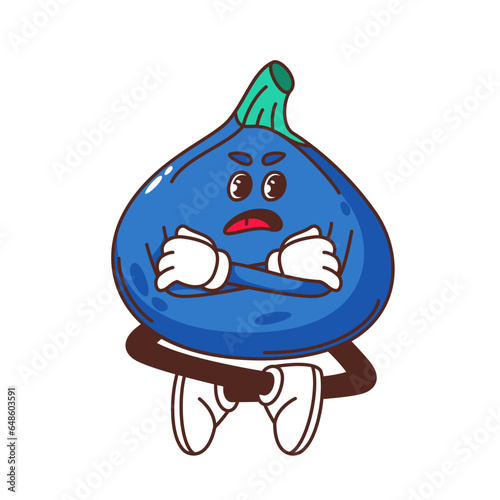 Groovy angry fig character vector illustration. Cartoon isolated Y2K cute unhappy fruit mascot sitting with arms and legs crossed, comic annoyed blue emoji with emotional indignant face and angry pose