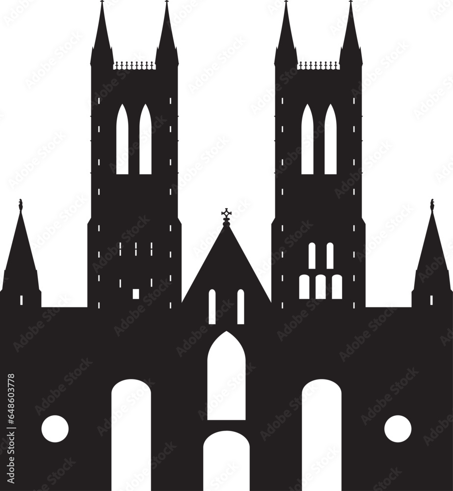 Simple black flat drawing of the British historical landmark monument of the LINCOLN CATHEDRAL, LINCOLN