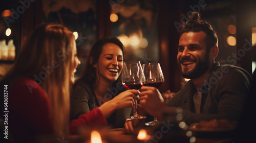 Friends Toasting with Wine Glasses at a Cozy Bistro Table , meeting friends at a restaurant, bokeh
