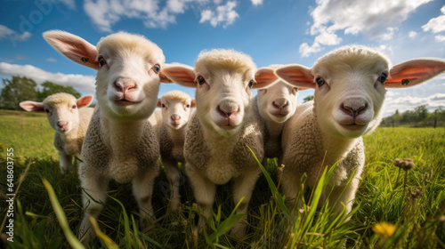 A group of lambs close-up on green grass