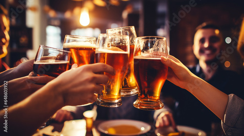 Group of Friends Toasting with Craft Beer Mugs in a Lively Brewpub , meeting friends at a restaurant, bokeh