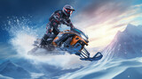 Snowmobile rider performing spectacular jump in beautiful snowy landscape. ai generative