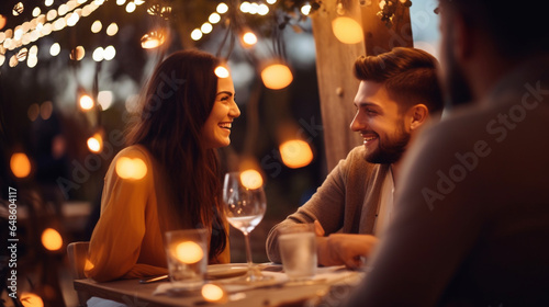Friends Sharing a Romantic Dinner on an Outdoor Terrace with Fairy Lights , meeting friends at a restaurant, bokeh