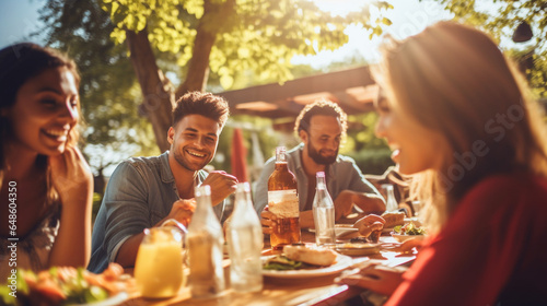 Group of Friends Enjoying a Picnic-Style Brunch in a Sunny Park Cafe   meeting friends at a restaurant  bokeh