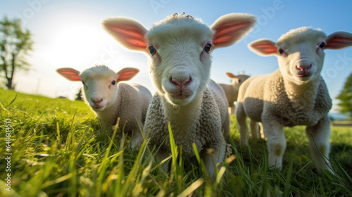 A group of lambs close-up on green grass