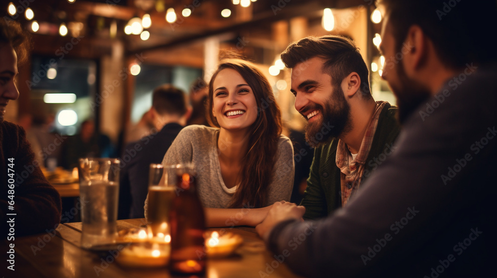 Friends Reuniting for a Game Night Dinner in a Cozy Pub with Craft Brews , meeting friends at a restaurant, bokeh