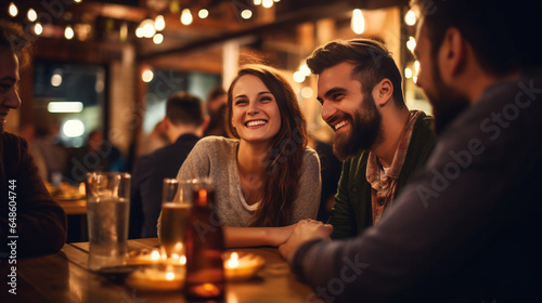 Friends Reuniting for a Game Night Dinner in a Cozy Pub with Craft Brews , meeting friends at a restaurant, bokeh