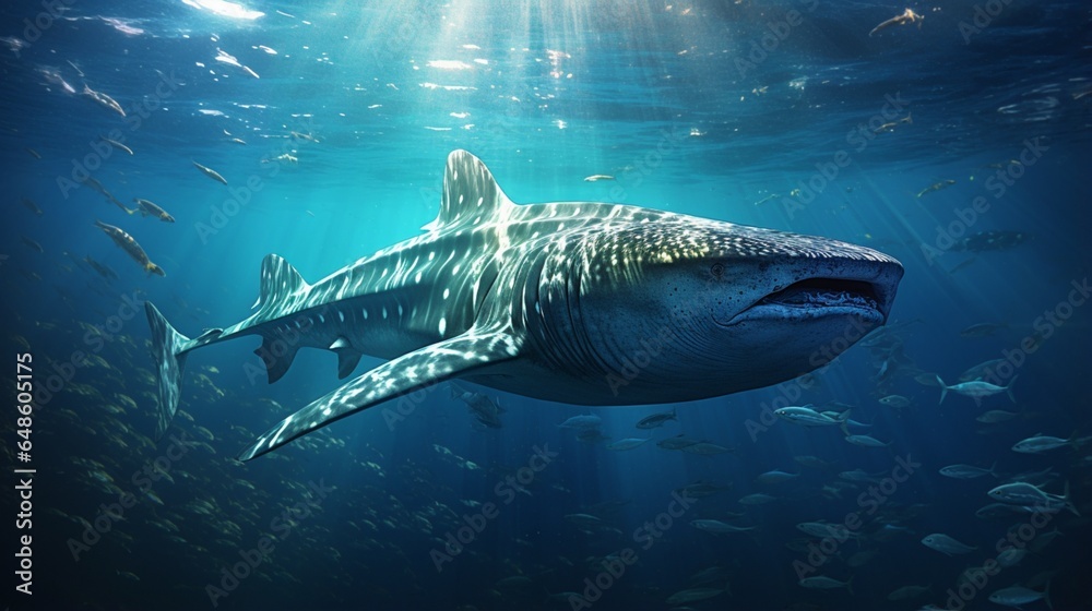 Naklejka premium the world's largest fish, a whale shark, swimming in the water