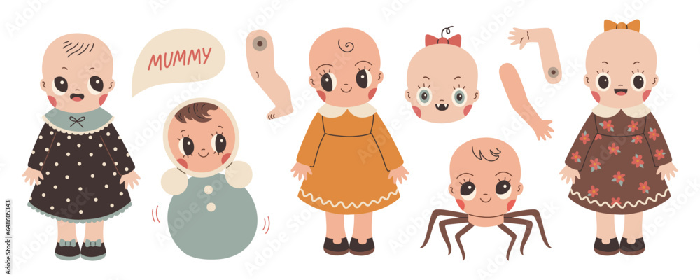 Creepy doll set. Cute Halloween dolls isolated on white flat vector. Halloween sticker, poster, banner, scrapbooking Creepy doll set. Cute Halloween dolls isolated on white flat vector. Halloween sticker, poster, banner, scrapbooking