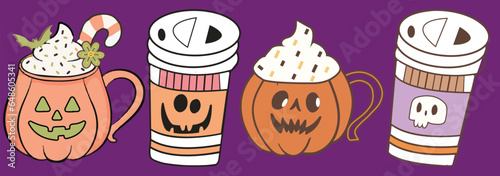 Retro Halloween Coffee Drink and Ice Cream Graphic Design Set Spooky Season Drinks and Food photo