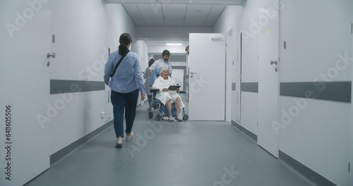 Professional doctors transport elderly patient on wheelchair to medical room and discuss medical test results. Mature medic opens door for his colleague and senior woman. Medical staff at work. © Framestock