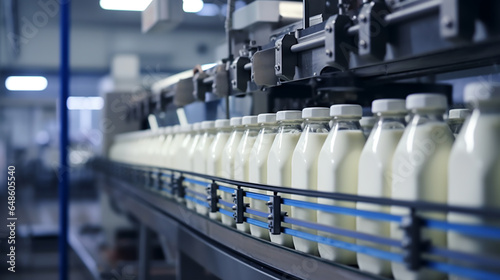 Filling milk or yoghurt in to plastic bottles at factory. Equipment at dairy plant. ai generative
