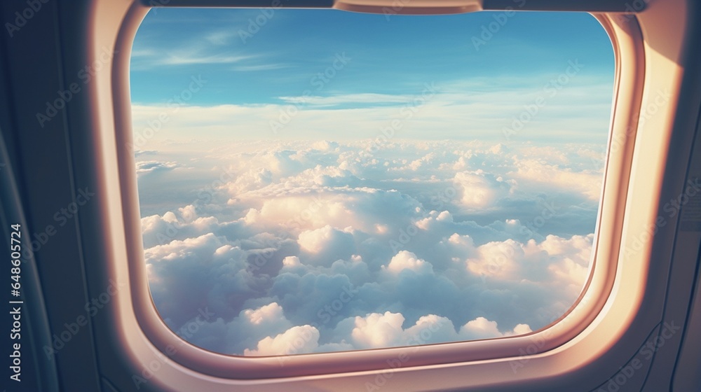 Through the airplane window, the clouds form a picturesque view
