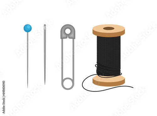 Sewing kit. Needles, safety pin, spool of thread. Flat vector illustration set