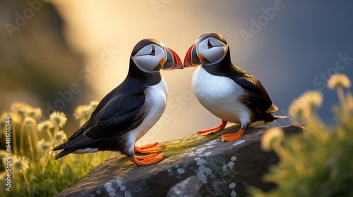 Billede på lærred Two puffins share a moment, perched on a rock, beak to beak