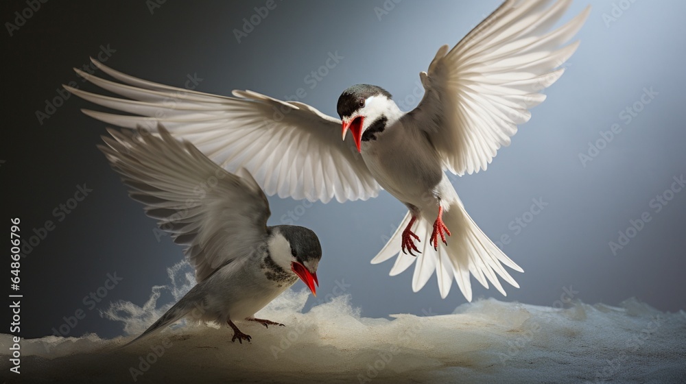 Fototapeta premium While soaring, an Arctic tern provides food for its chick