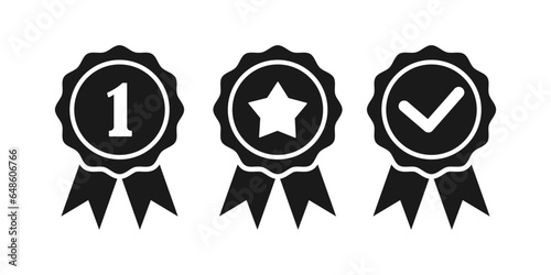 Achievement badge. Certificate premium quality mark. Award medal with ribbons. Silhouette icon set.