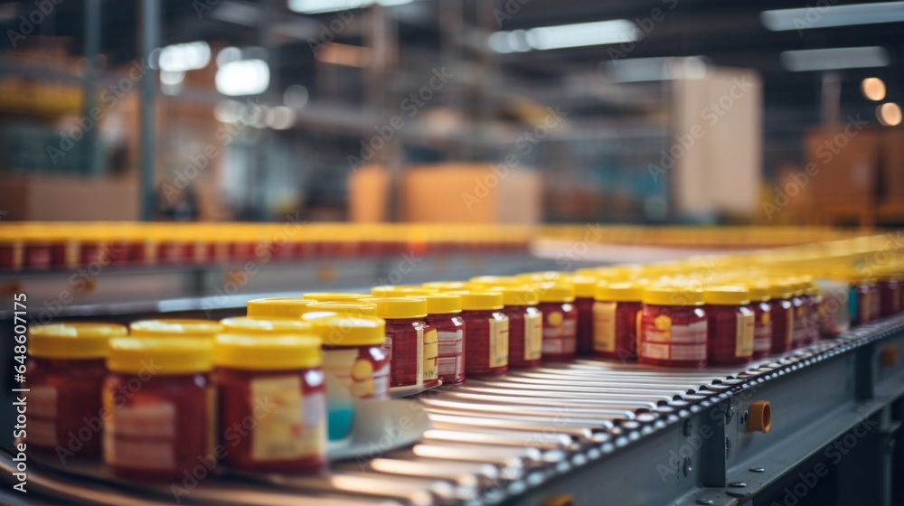 Within a distribution warehouse, canned food products on a conveyor belt, representing the concept of a parcel transportation system