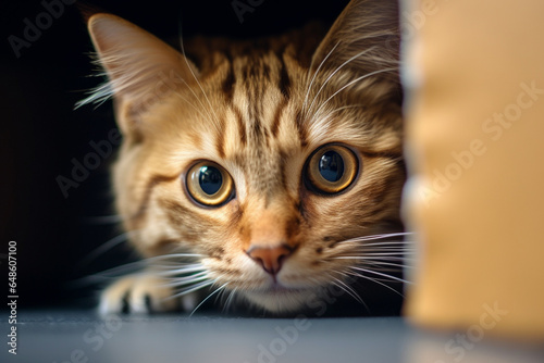 Playful funny cat hiding in cardboard box. Furry companion you'll never get bored with. Digital Ai.