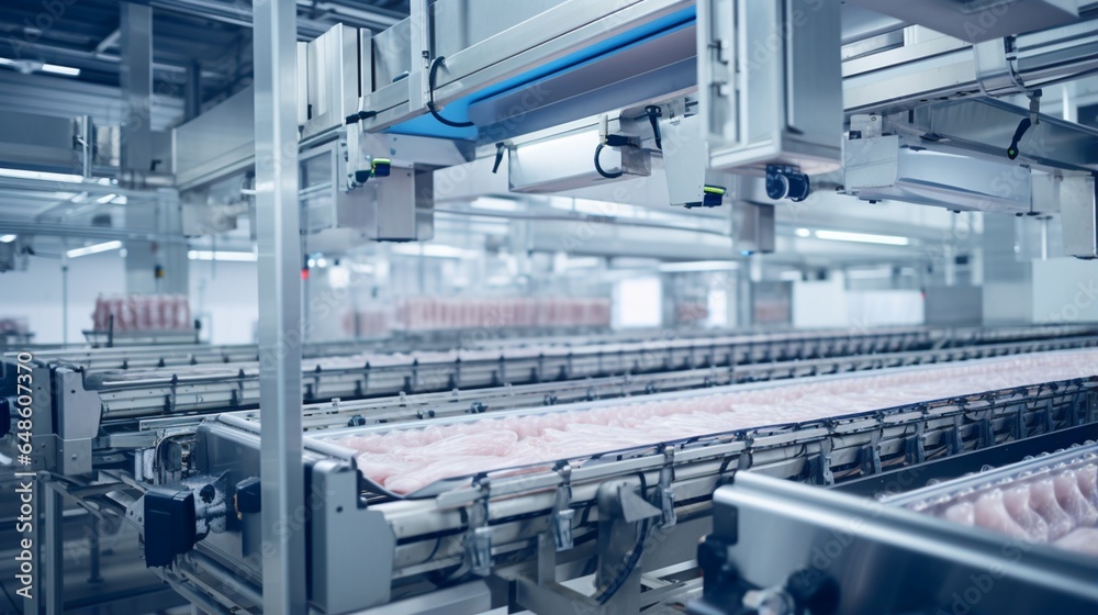 the meat processing plant of  contemporary food factory,the automated production line in action, with a particular emphasis on the conveyor belt system for food processing