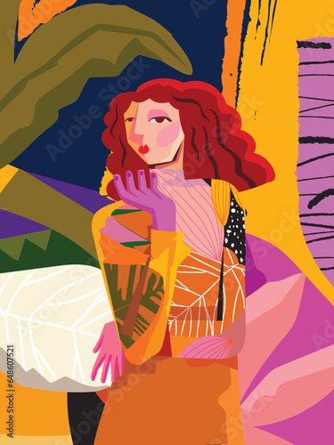 Colorful beauty woman portrait abstract hand drawn vector illustration. Art and fashion design.