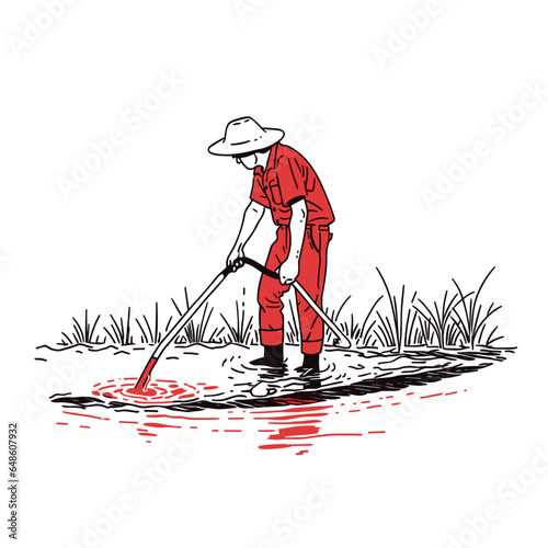 farmer using no-till methods in minimalistic, black and red line work, japan web vector illustration