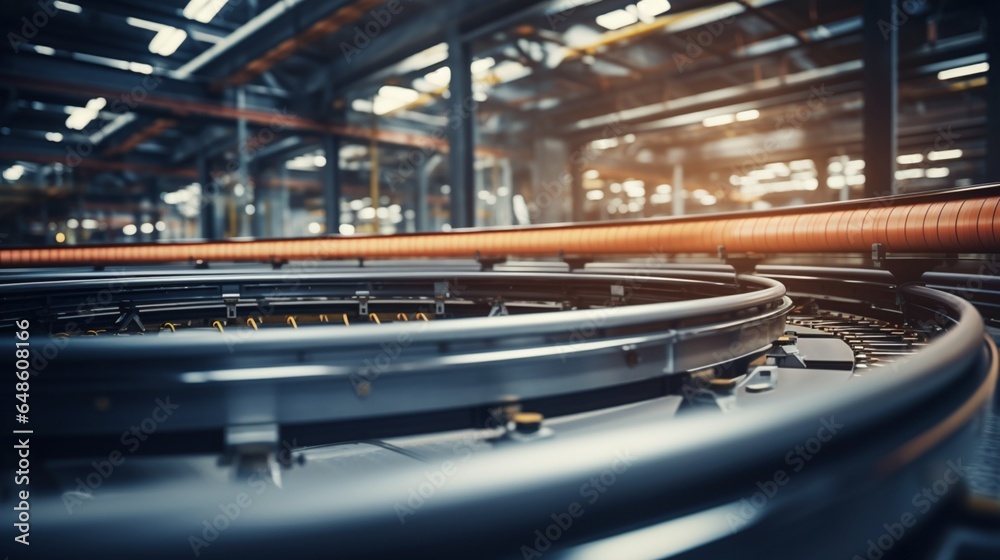 Empty conveyor belts set against a blurred factory backdrop Empty conveyor belts set against a blurred factory backdrop