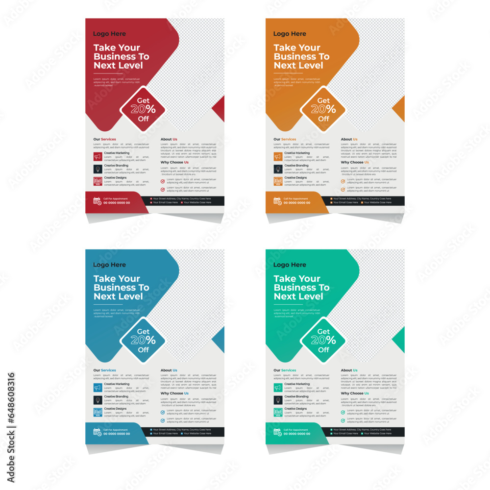 Obraz premium Modern corporate flyer design, minimal flyer template with 4 color variation, print design