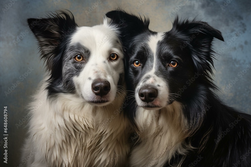 Two dogs embrace. Joyful border collie against a neutral backdrop in a studio. Cherished pet. Generative AI