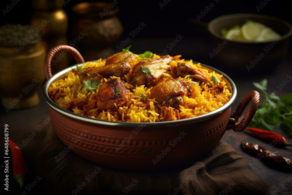 Spicy Indian rice dish with chicken curry, a blend of Malabar and