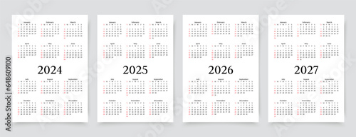 Calendar for 2024, 2025, 2026, 2027 years. Simple calender layouts. Desk planner template with 12 month. Week starts Sunday. Pocket or wall calendars. Yearly diary organizer. Vector illustration