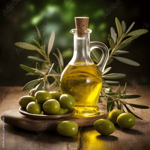 Bottle of olive oil with green olives