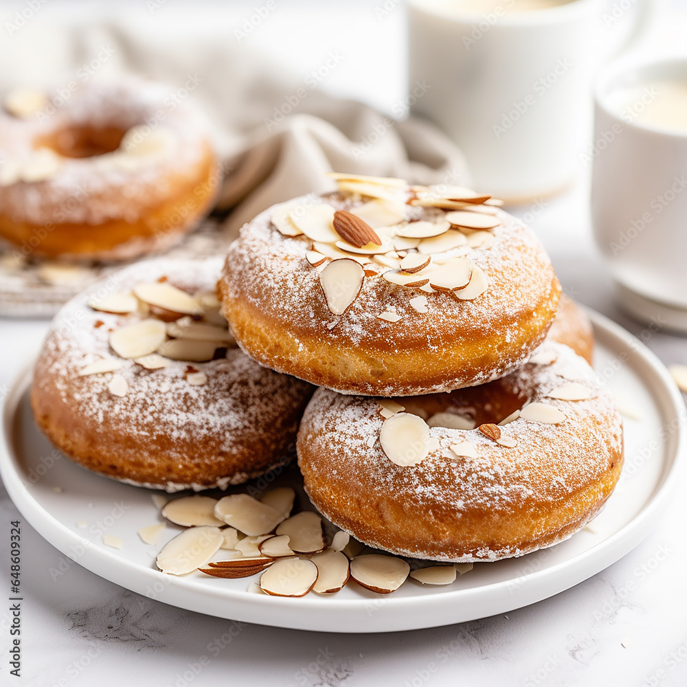 Almond Donuts on a Plate on a White Table