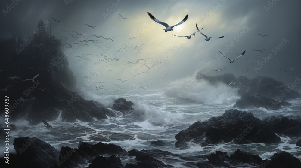 Obraz premium Icebergs traverse the foggy sea, with a multitude of seagulls